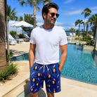 Real-life photo of someone wearing Men's Founding Flares Custom Face Beach Shorts — custom faces printed all-over