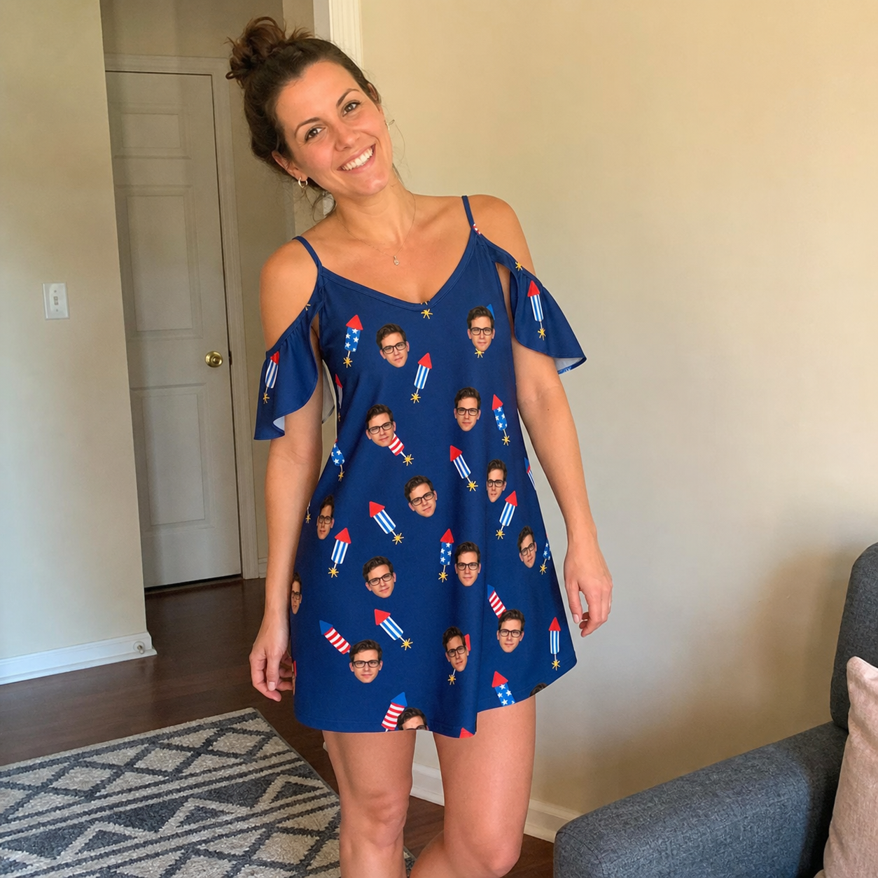 Real-life photo of someone wearing Women's Founding Flares Custom Face Off-Shoulder Dress — custom faces printed all-over