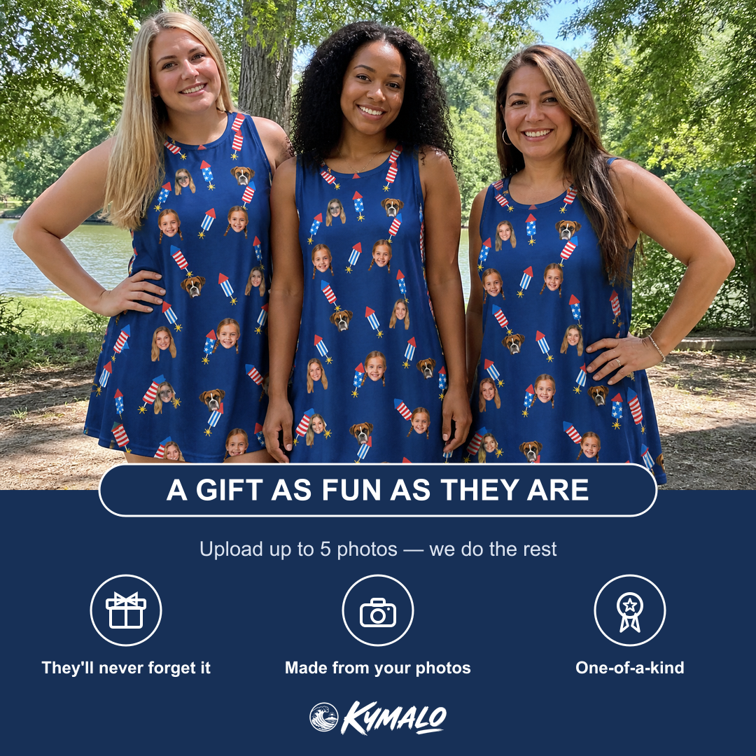Friends in matching Women's Founding Flares Custom Face Tank Dress — a group gift photo