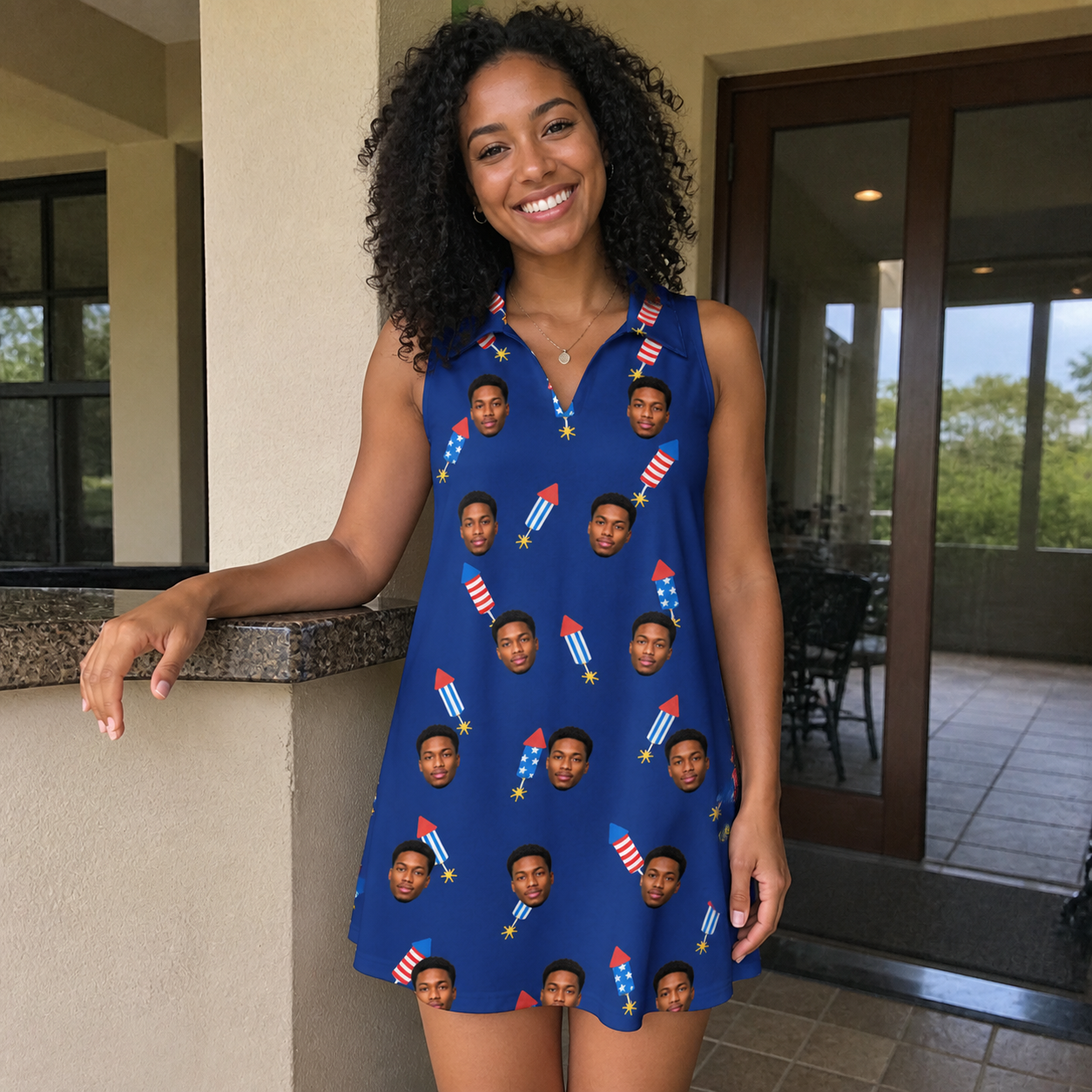 Real-life photo of someone wearing Women's Founding Flares Custom Face V-Neck Dress — custom faces printed all-over