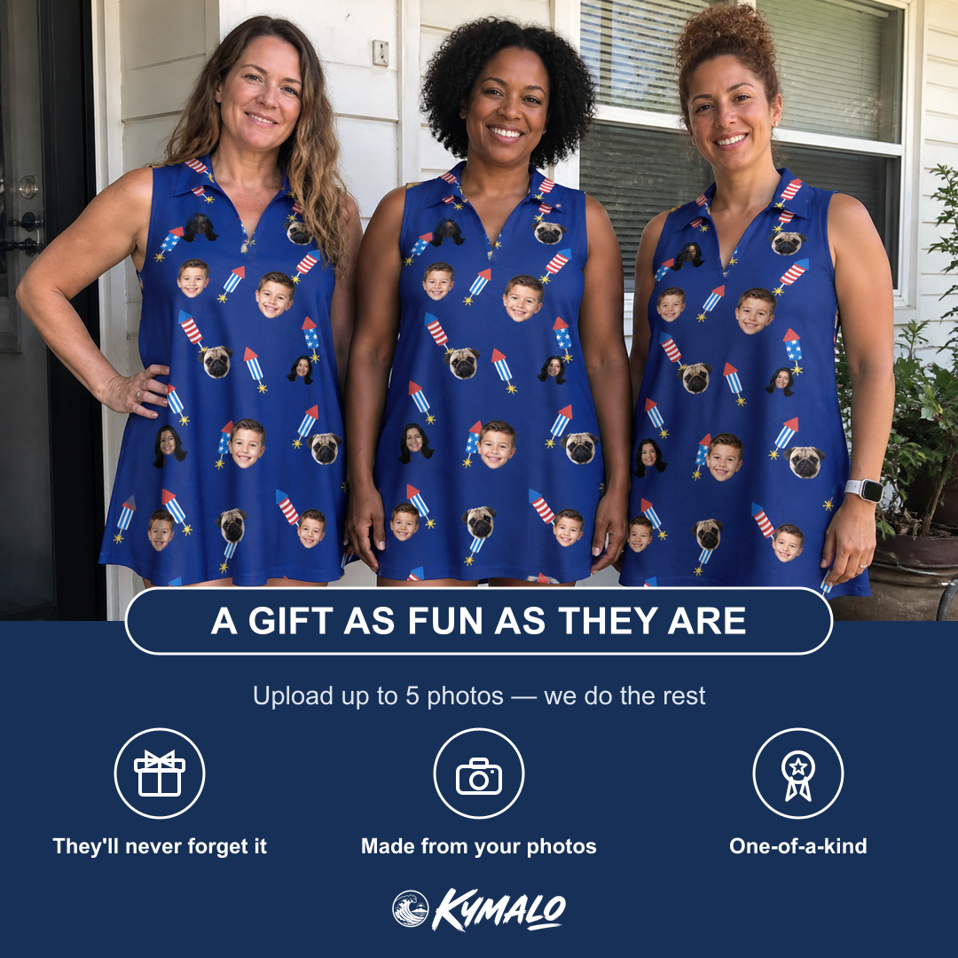 Friends in matching Women's Founding Flares Custom Face V-Neck Dress — a group gift photo