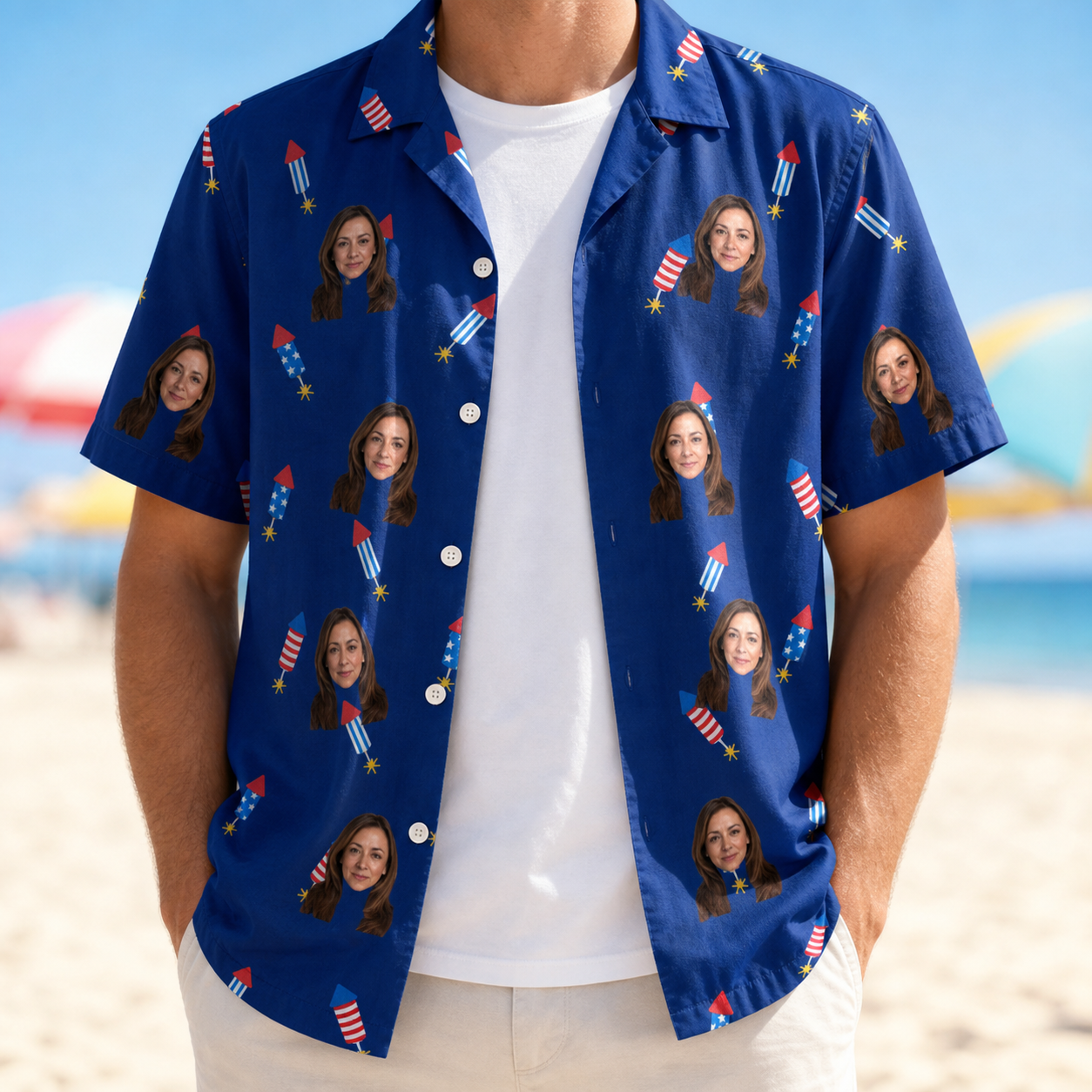 Man wearing Men's Founding Flares Custom Face Hawaiian Shirt open over a white tee