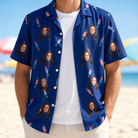 Man wearing Men's Founding Flares Custom Face Hawaiian Shirt open over a white tee