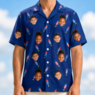 Model wearing Men's Founding Flares Custom Face Hawaiian Shirt printed with kids' faces
