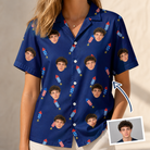 Woman wearing Women's Founding Flares Custom Face Hawaiian Shirt — custom faces printed all-over