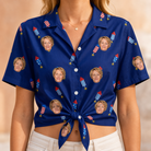 Woman wearing Women's Founding Flares Custom Face Hawaiian Shirt tied at the waist