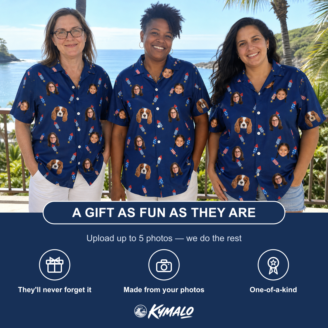 Friends in matching Women's Founding Flares Custom Face Hawaiian Shirt — a group gift photo