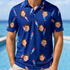 Model wearing Men's Founding Flares Custom Face Polo Shirt printed with kids' faces