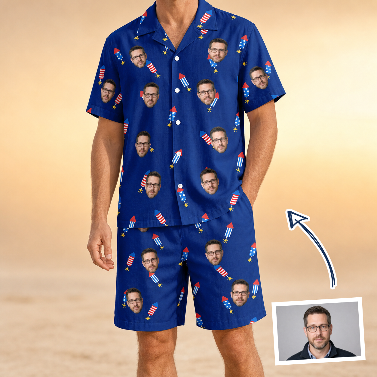 Man wearing Men's Founding Flares Custom Face Shirt & Shorts Set — custom faces printed all-over