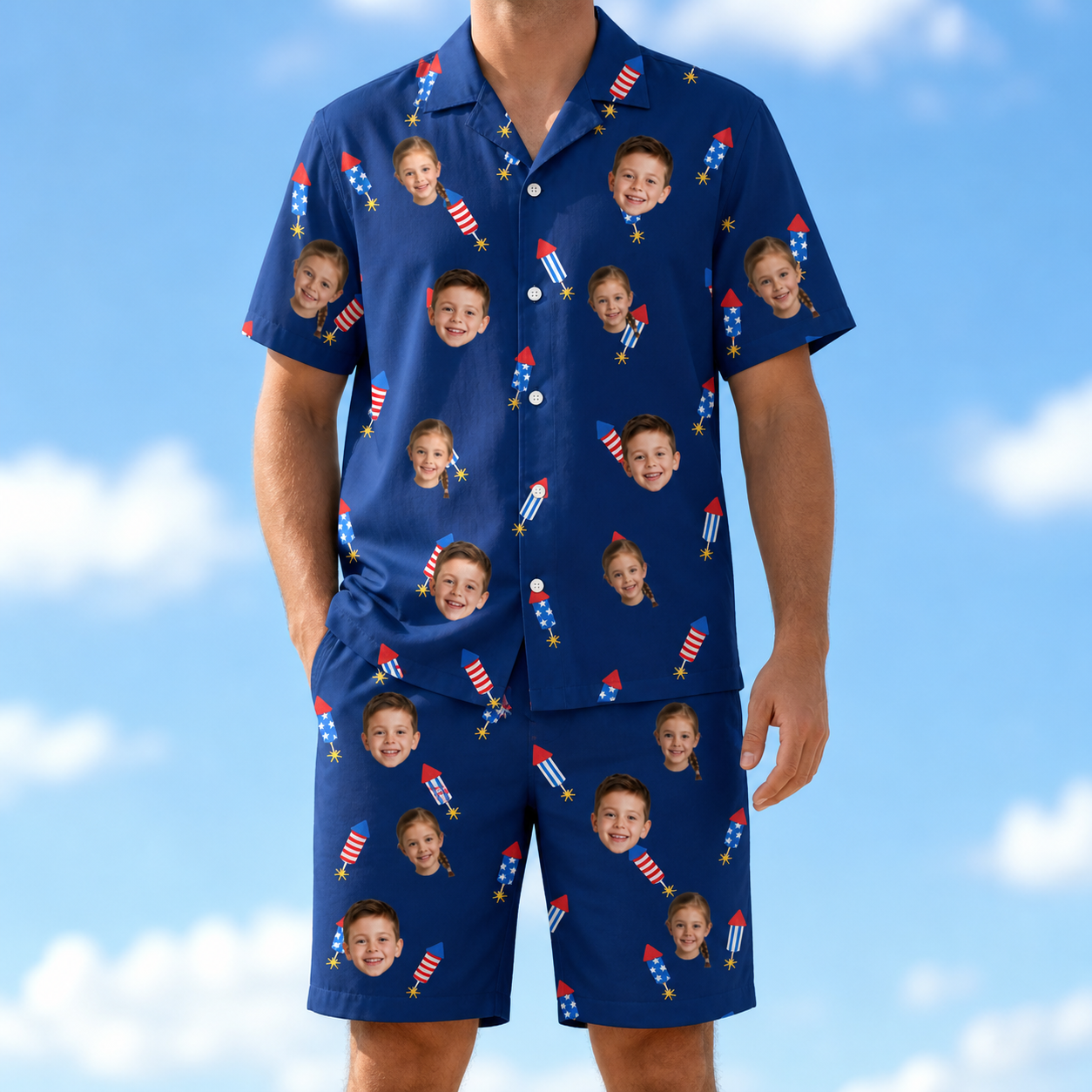 Model wearing Men's Founding Flares Custom Face Shirt & Shorts Set printed with kids' faces
