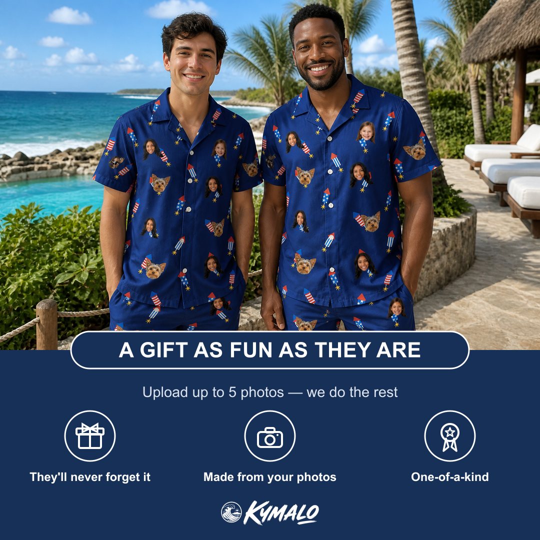 Friends in matching Men's Founding Flares Custom Face Shirt & Shorts Set — a group gift photo