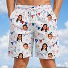 Model wearing Men's Civic Colors Custom Face Beach Shorts printed with kids' faces