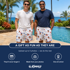 Friends in matching Men's Civic Colors Custom Face Beach Shorts — a group gift photo
