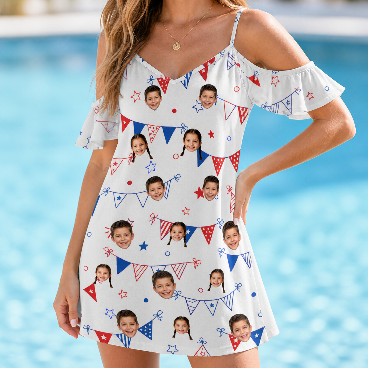 Model wearing Women's Civic Colors Custom Face Off-Shoulder Dress printed with kids' faces