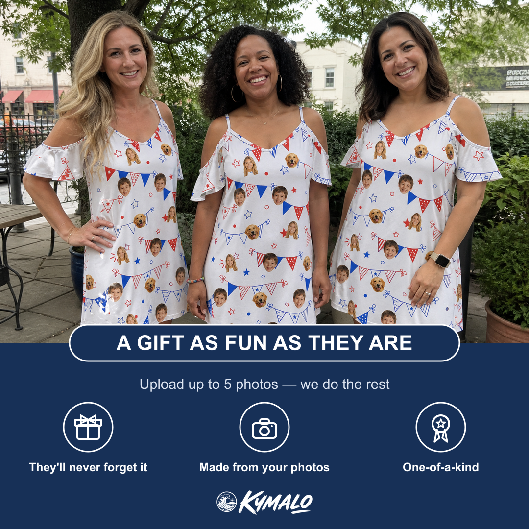 Friends in matching Women's Civic Colors Custom Face Off-Shoulder Dress — a group gift photo