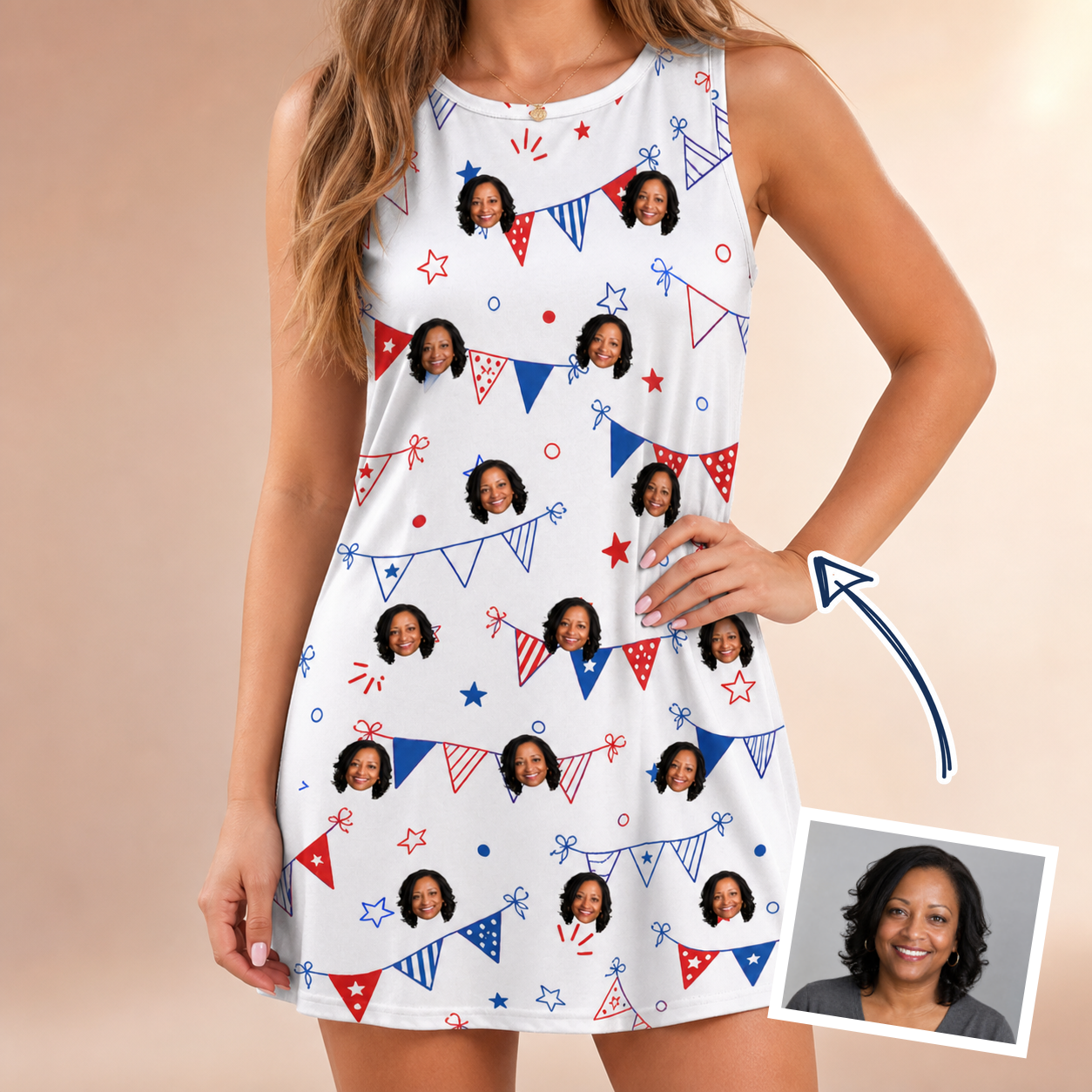 Woman wearing Women's Civic Colors Custom Face Tank Dress — custom faces printed all-over
