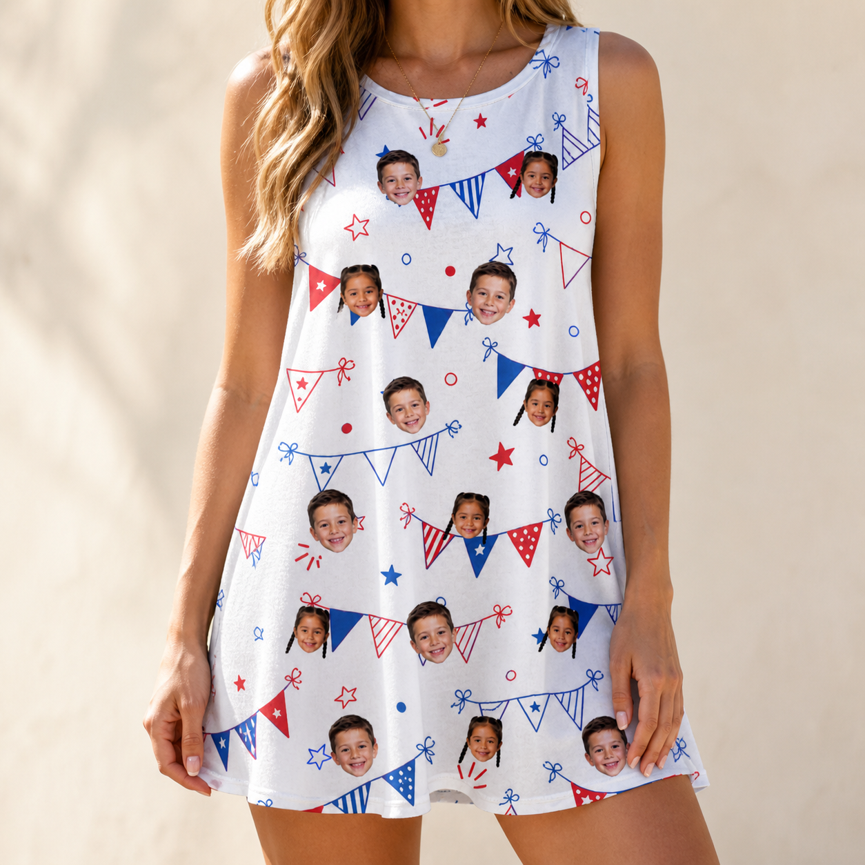 Model wearing Women's Civic Colors Custom Face Tank Dress printed with kids' faces