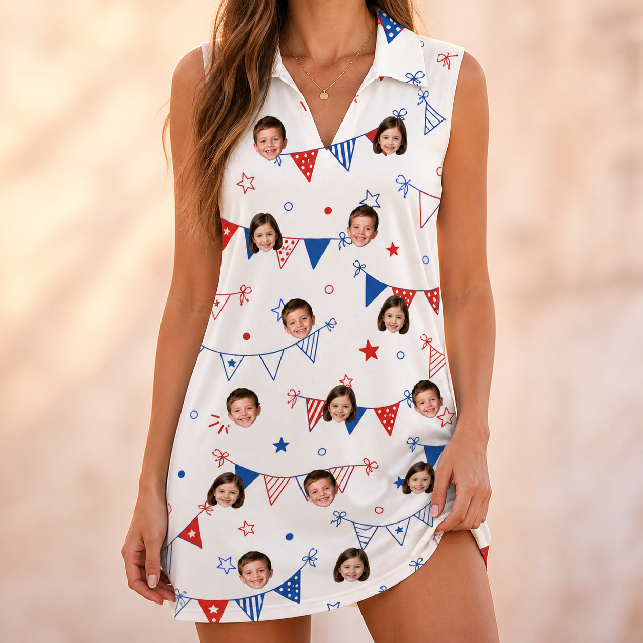 Model wearing Women's Civic Colors Custom Face V-Neck Dress printed with kids' faces