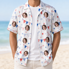 Man wearing Men's Civic Colors Custom Face Hawaiian Shirt open over a white tee