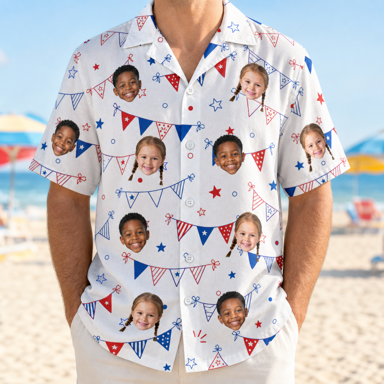 Model wearing Men's Civic Colors Custom Face Hawaiian Shirt printed with kids' faces