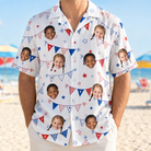Model wearing Men's Civic Colors Custom Face Hawaiian Shirt printed with kids' faces