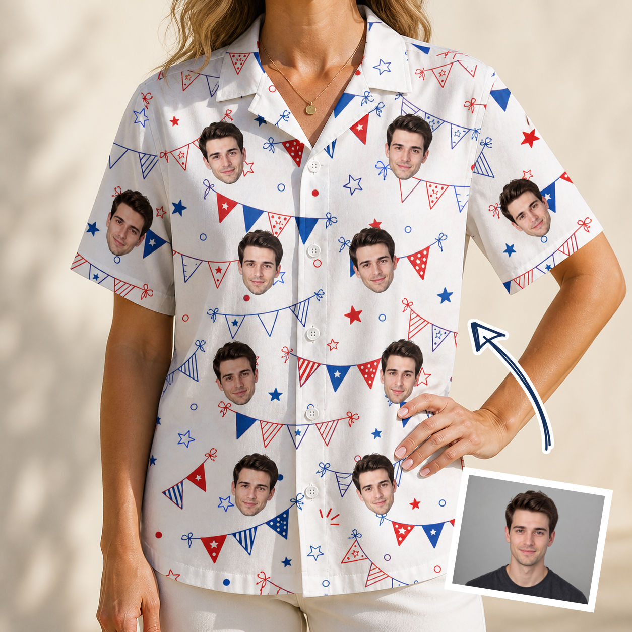 Woman wearing Women's Civic Colors Custom Face Hawaiian Shirt — custom faces printed all-over