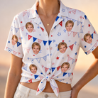 Woman wearing Women's Civic Colors Custom Face Hawaiian Shirt tied at the waist