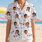 Model wearing Women's Civic Colors Custom Face Hawaiian Shirt printed with kids' faces