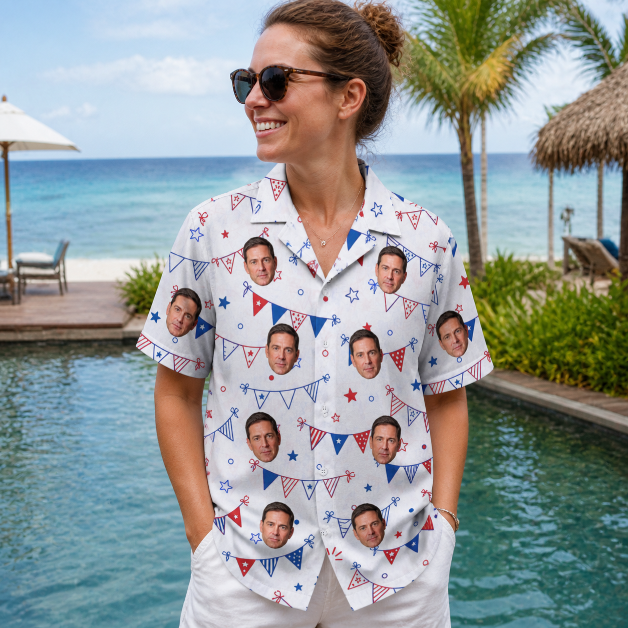 Real-life photo of someone wearing Women's Civic Colors Custom Face Hawaiian Shirt — custom faces printed all-over