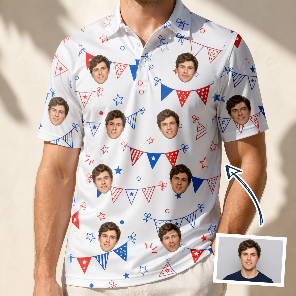 Man wearing Men's Civic Colors Custom Face Polo Shirt — custom faces printed all-over