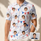 Man wearing Men's Civic Colors Custom Face Polo Shirt — custom faces printed all-over