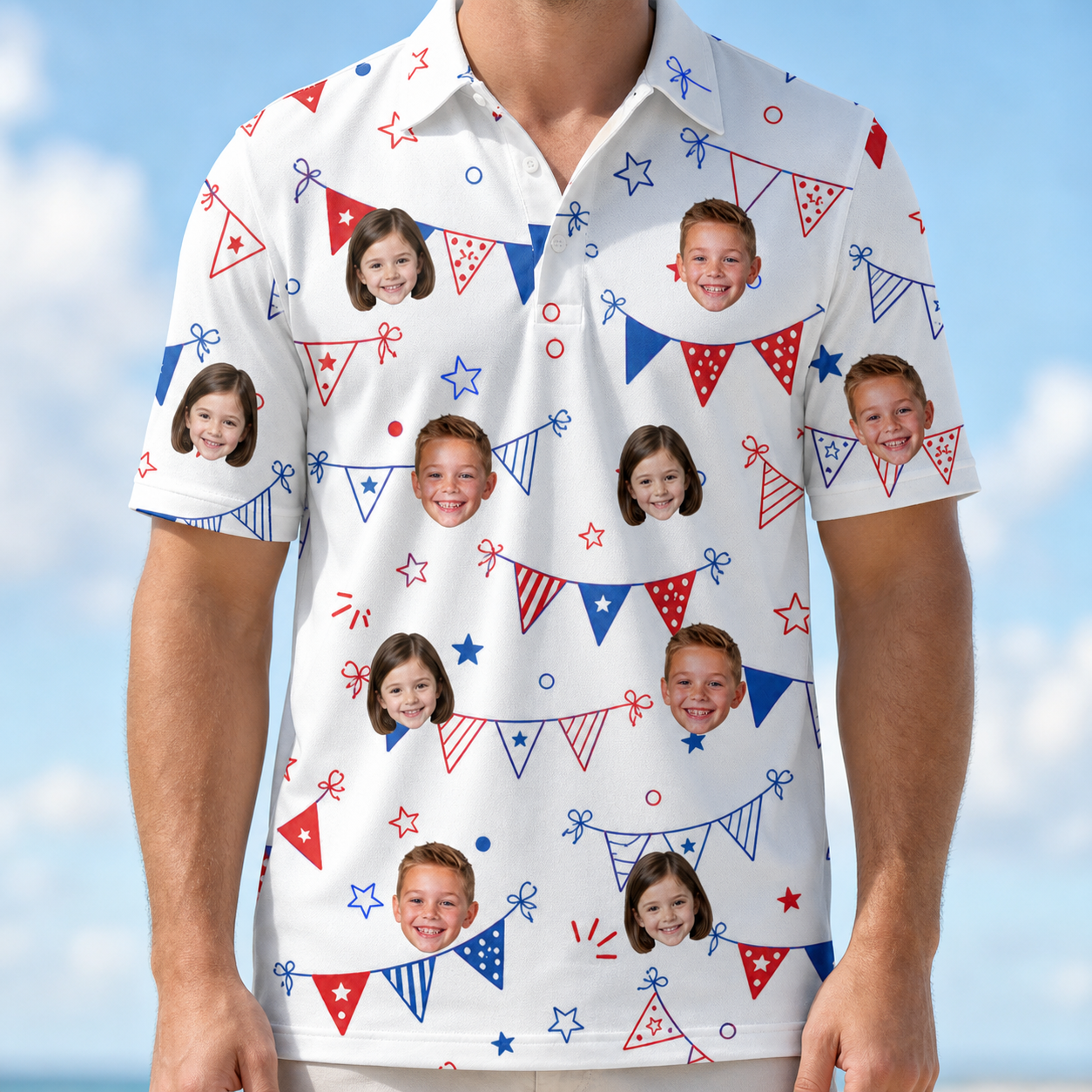 Model wearing Men's Civic Colors Custom Face Polo Shirt printed with kids' faces