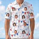 Model wearing Men's Civic Colors Custom Face Polo Shirt printed with kids' faces