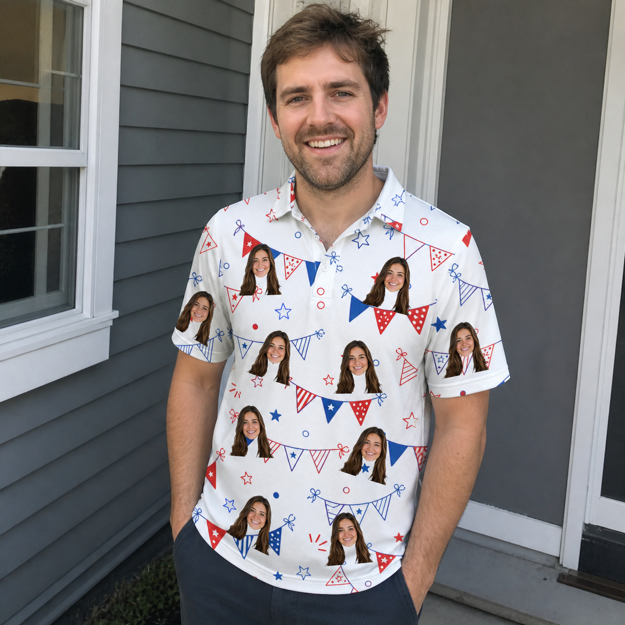 Real-life photo of someone wearing Men's Civic Colors Custom Face Polo Shirt — custom faces printed all-over