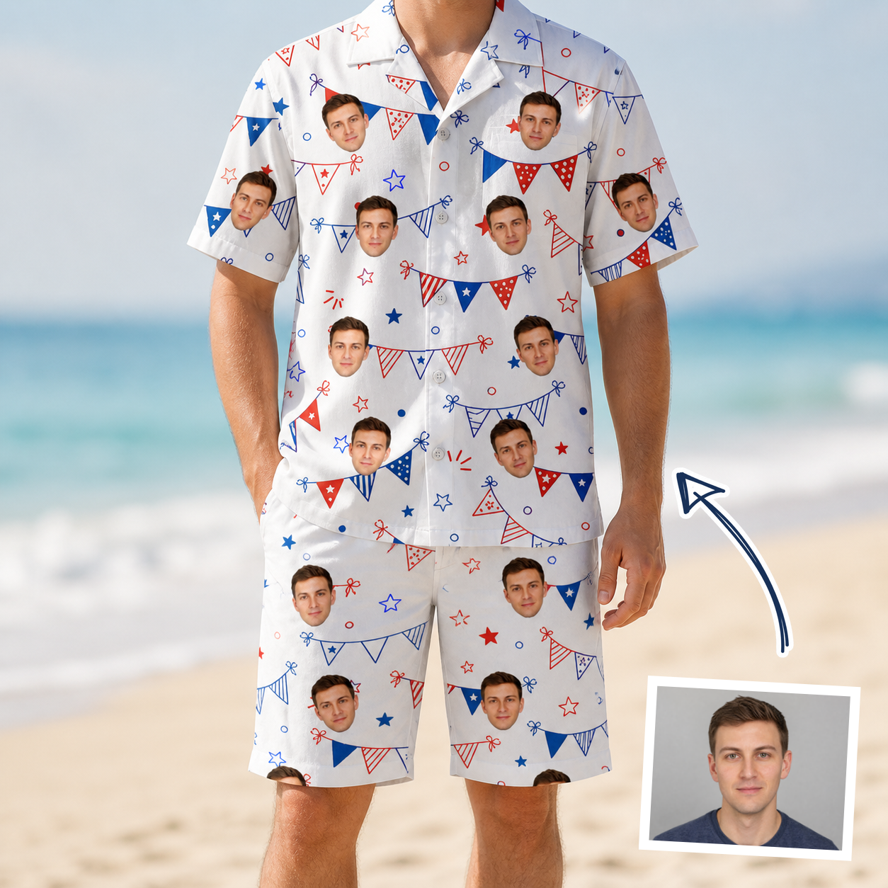 Man wearing Men's Civic Colors Custom Face Shirt & Shorts Set — custom faces printed all-over