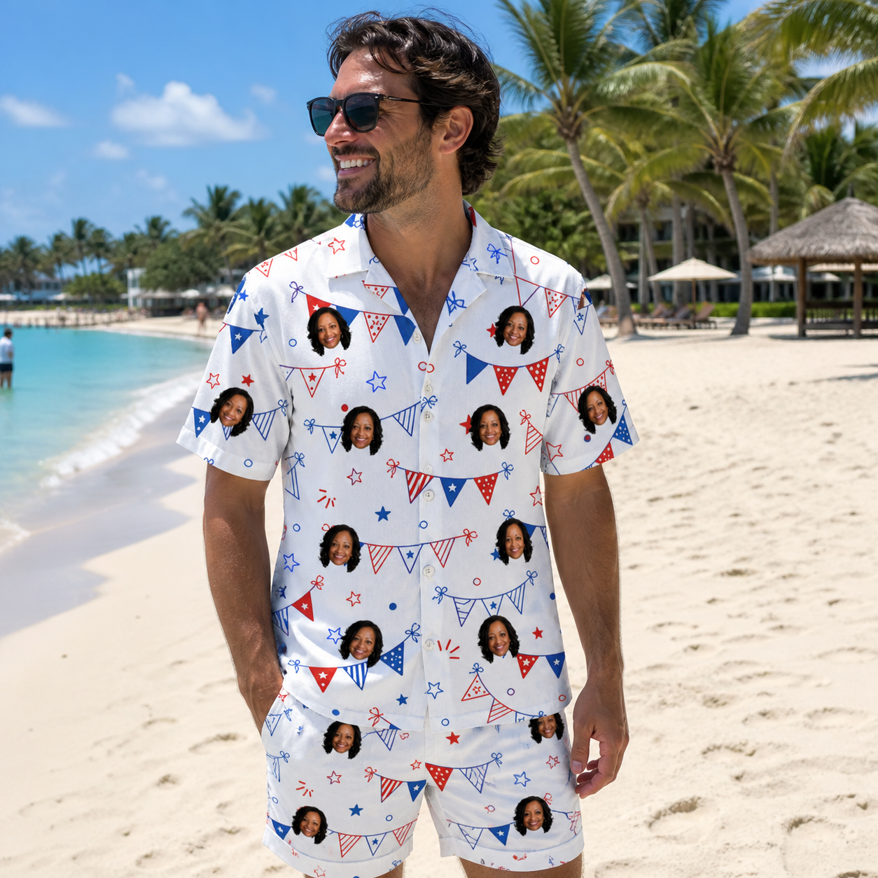 Real-life photo of someone wearing Men's Civic Colors Custom Face Shirt & Shorts Set — custom faces printed all-over