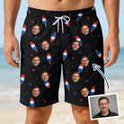 Man wearing Men's Starsicle Swirl Custom Face Beach Shorts — custom faces printed all-over