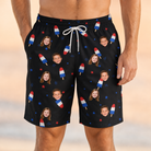 Model wearing Men's Starsicle Swirl Custom Face Beach Shorts printed with kids' faces