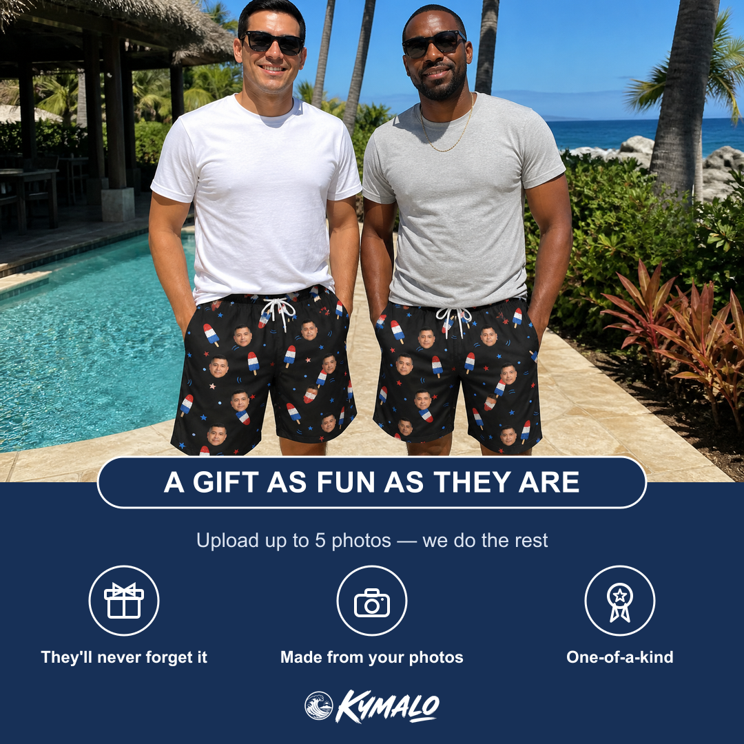 Friends in matching Men's Starsicle Swirl Custom Face Beach Shorts — a group gift photo