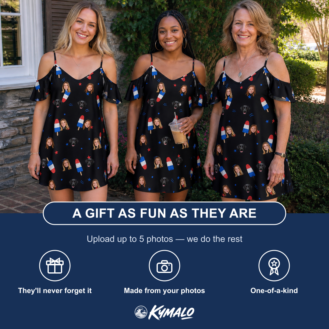 Friends in matching Women's Starsicle Swirl Custom Face Off-Shoulder Dress — a group gift photo
