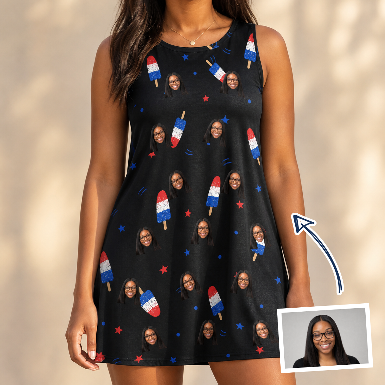 Woman wearing Women's Starsicle Swirl Custom Face Tank Dress — custom faces printed all-over