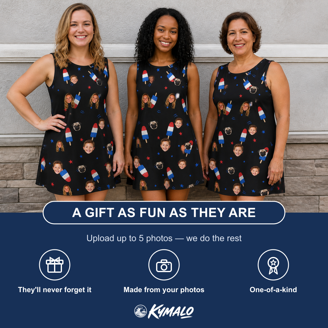 Friends in matching Women's Starsicle Swirl Custom Face Tank Dress — a group gift photo