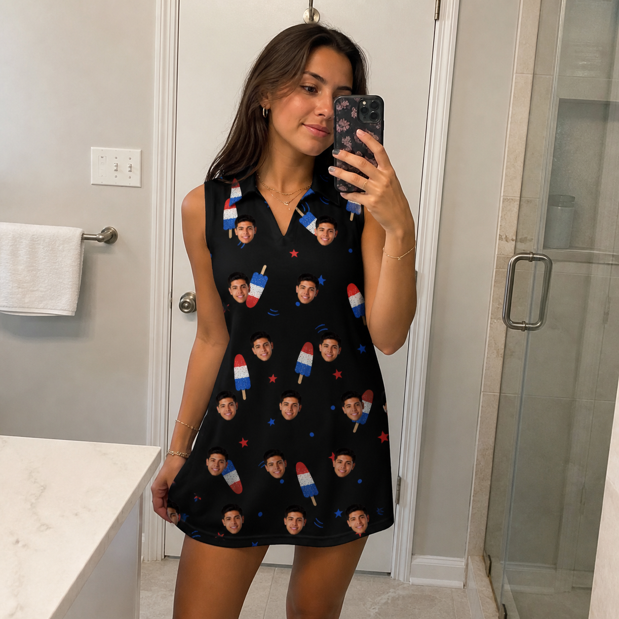 Real-life photo of someone wearing Women's Starsicle Swirl Custom Face V-Neck Dress — custom faces printed all-over