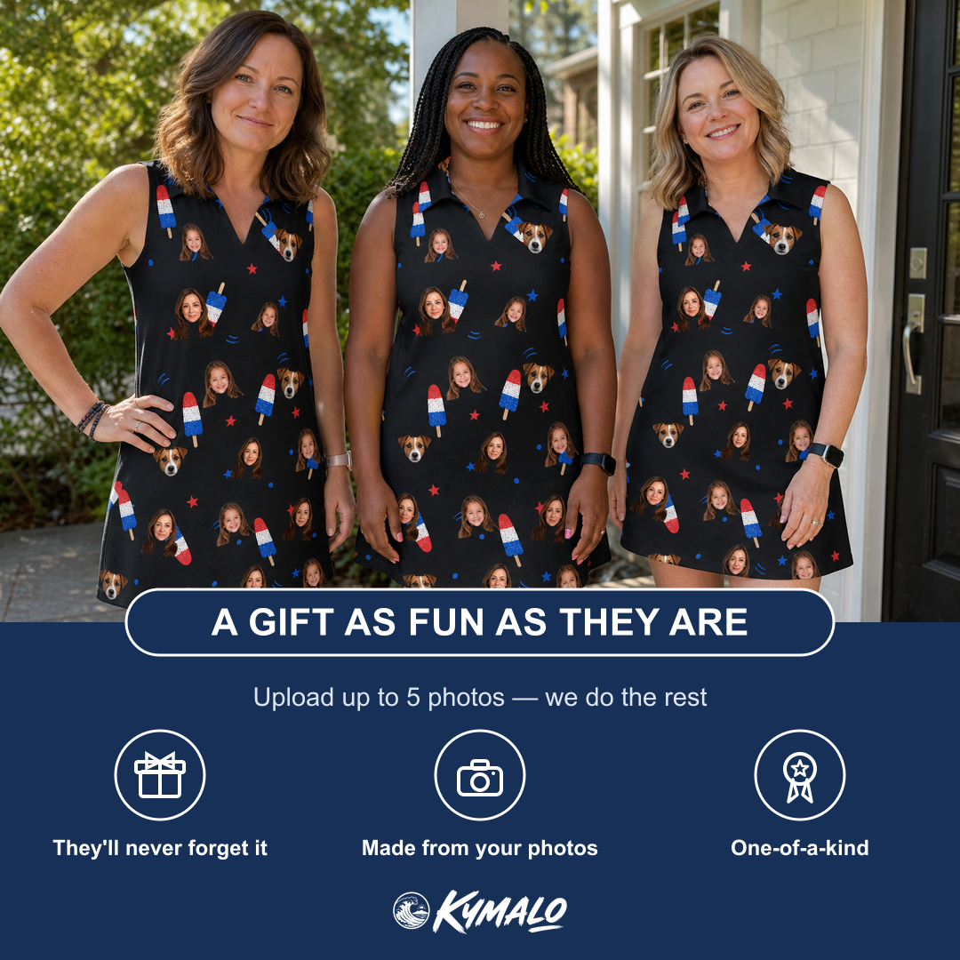 Friends in matching Women's Starsicle Swirl Custom Face V-Neck Dress — a group gift photo