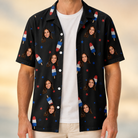 Man wearing Men's Starsicle Swirl Custom Face Hawaiian Shirt open over a white tee