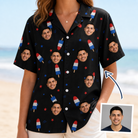 Woman wearing Women's Starsicle Swirl Custom Face Hawaiian Shirt — custom faces printed all-over