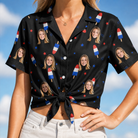 Woman wearing Women's Starsicle Swirl Custom Face Hawaiian Shirt tied at the waist