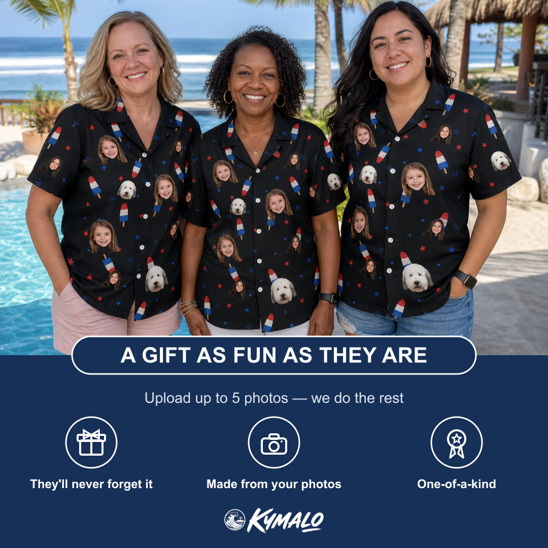 Friends in matching Women's Starsicle Swirl Custom Face Hawaiian Shirt — a group gift photo