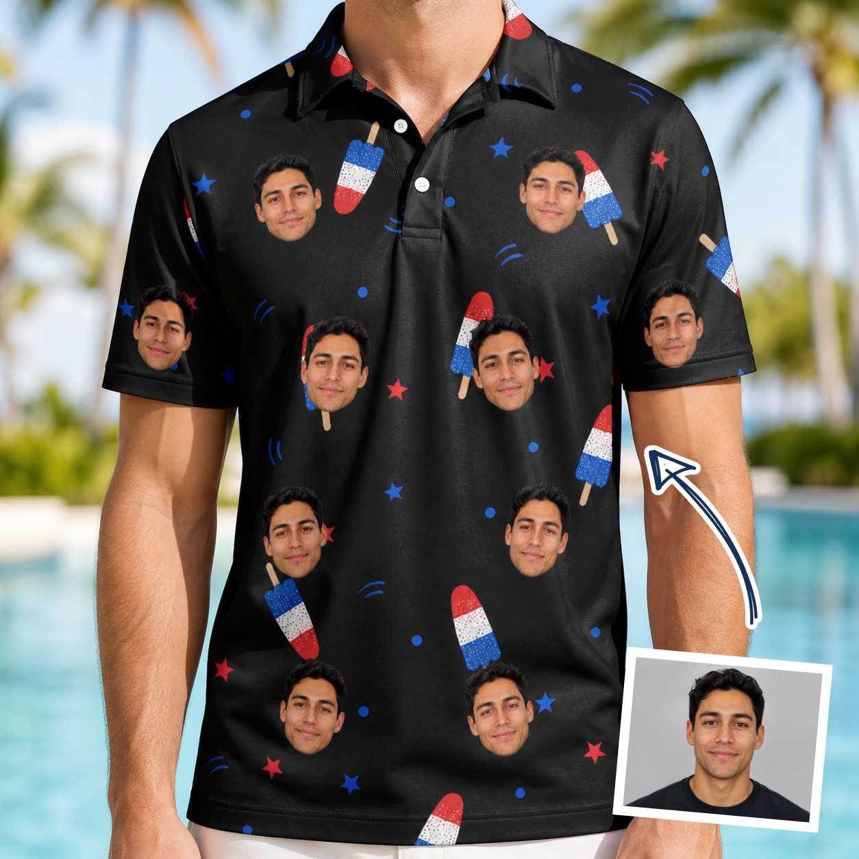 Man wearing Men's Starsicle Swirl Custom Face Polo Shirt — custom faces printed all-over