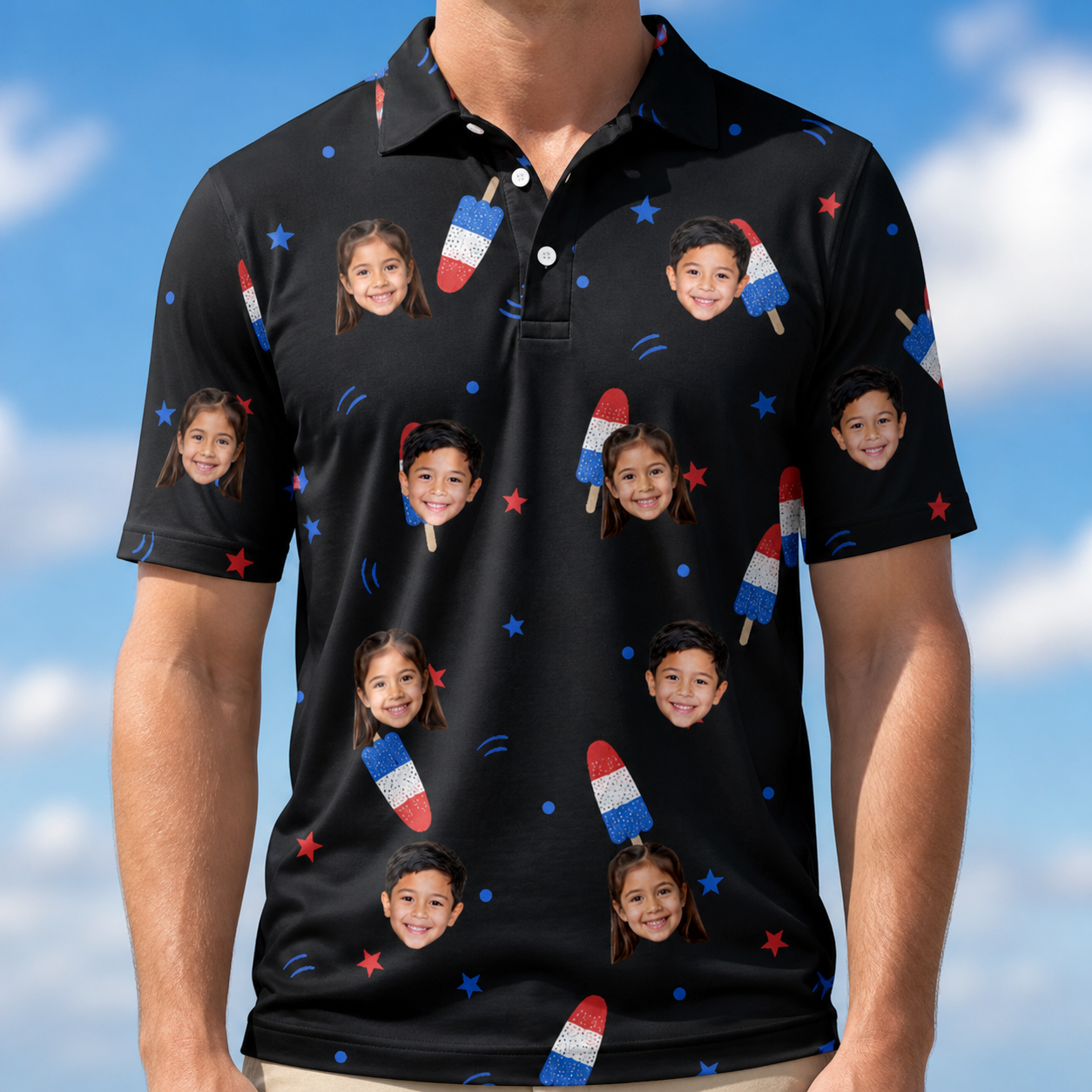 Model wearing Men's Starsicle Swirl Custom Face Polo Shirt printed with kids' faces